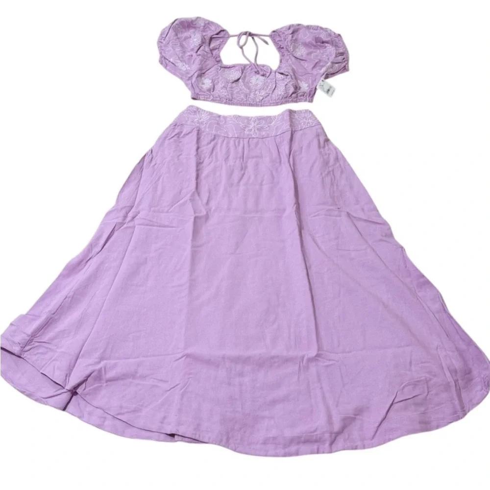Free People Lotus Blouse & Maxi Skirt Purple Orchid Smocked Puff Sleeve 2 Piece - Picture 3 of 7